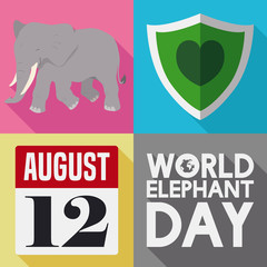 Flat Design with Elephant, Shield and Calendar for World Elephant Day, Vector Illustration