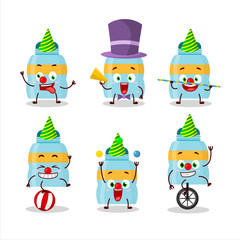 Cartoon character of drink bottle with various circus shows