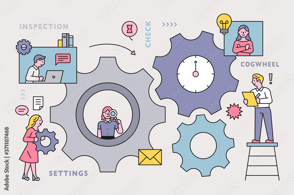 Canvas Prints factory with huge gears. business people are working together. flat design style minimal vector illu