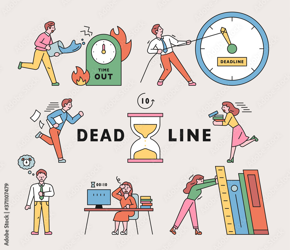 Poster people are busy working because of time. flat design style minimal vector illustration.