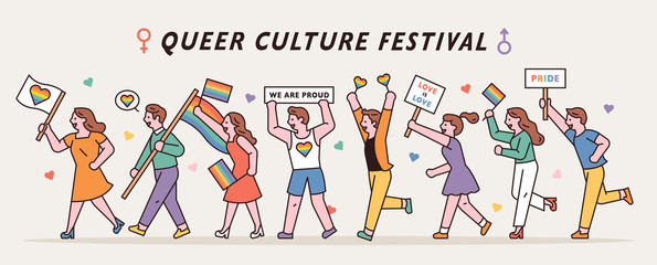 LGBT people are marching with rainbow flags and pickets. flat design style minimal vector illustration.