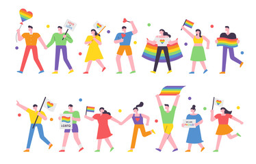 Fototapeta premium LGBT people are marching with rainbow flags and pickets. flat design style minimal vector illustration.