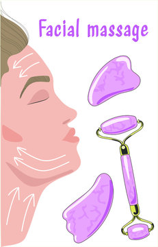 Woman  face with closed eyes and drawn massage lines, which is applied to the cream and facial massage is done. Tools for massage guasha and 
roller massage.  Skin care products for SPA, beauty concep