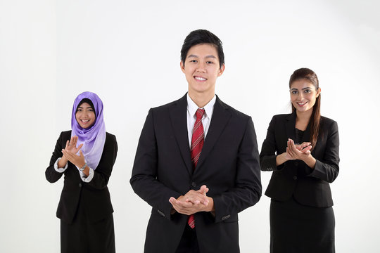 South East Asian Young Malay Chinese Indian Man Woman Wearing Headscarf Formal Business Office Ware On White Background Stand Clap Hands Cheer Congratulate