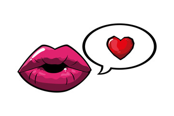 female and pink pop art mouth with bubble and heart vector design