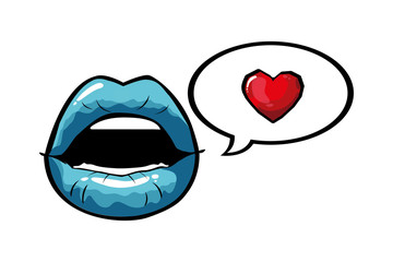 female and blue pop art mouth with bubble and heart vector design