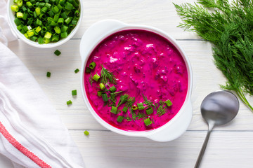 Cold summer soup from fresh young beetroot and cucumbers with kefir