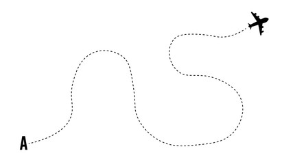 Airplane plane icon with the dotted line route.  illustration.