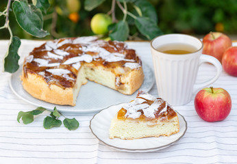 slice of homemade apple pie sprinkled with powdered sugar and a mug of tea. outdoor. classic autumn dessert.