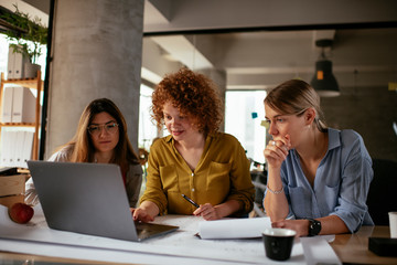 Businesswomen working on a new project. Colleagues discussing about problem they have to solved.