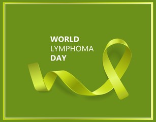 World lymphoma day banner with lime green curly ribbon loop symbol.