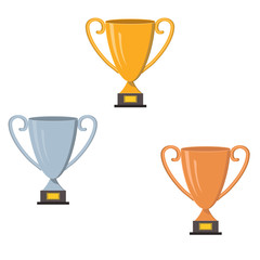 three cups for congratulating athletes gold, silver and bronze, color vector illustration, clipart, design, decoration, icon, sign, sketch, banner, logo