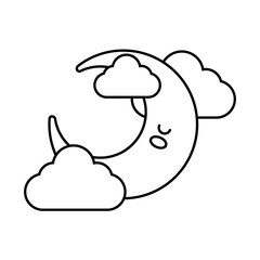 happy crescent moon with clouds kawaii character line style