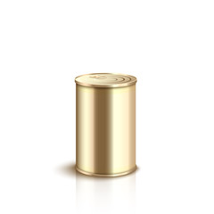 Realistic gold tin can with smooth shiny metal surface and sealed pull ring lid.