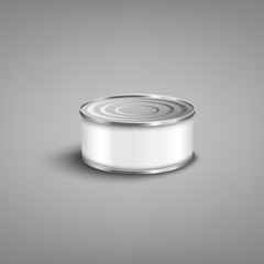 Short silver tin can for fish preserve mockup with blank white label