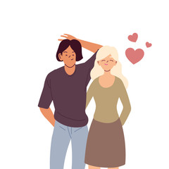 Couple of woman and man cartoons with hearts vector design
