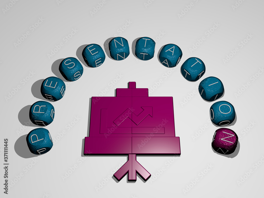 Poster presentation icon surrounded by the text of individual letters - 3d illustration for background and 