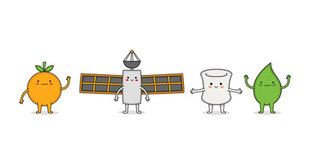 Cute random cartoon character set 12 orange, satellite, marshmallow and wasabi