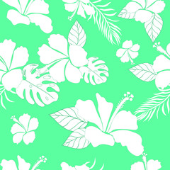 Hibiscus Flower Hawaiian Floral Pattern On Blue Background. Tropical Flower Seamless repeat patterns