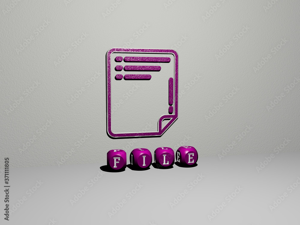 Poster 3d representation of file with icon on the wall and text arranged by metallic cubic letters on a mir
