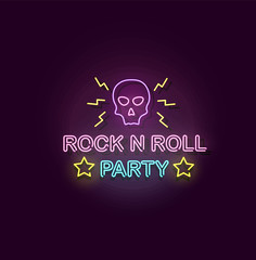 Rock and Roll Party neon lights banner vector realistic illustration isolated.