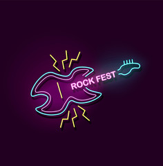 Rock fest neon sign with electric guitar icon and glowing colorful light