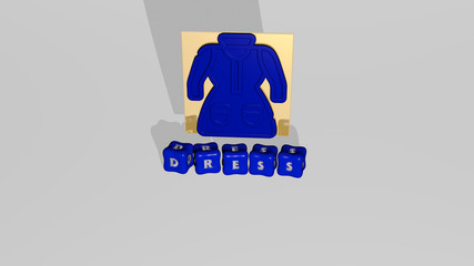3D graphical image of dress vertically along with text built by metallic cubic letters from the top perspective, excellent for the concept presentation and slideshows for beautiful and girl