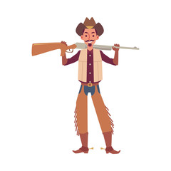 Cartoon cowboy holding rifle gun isolated on white background