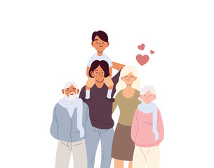 Mother father and son with grandparents cartoons vector design