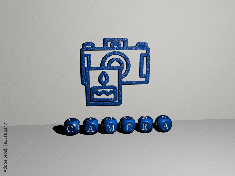 Poster 3d illustration of camera graphics and text made by metallic dice letters for the related meanings o