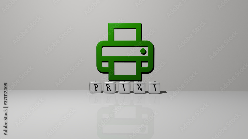 Poster print text of cubic dice letters on the floor and 3d icon on the wall - 3d illustration for backgrou