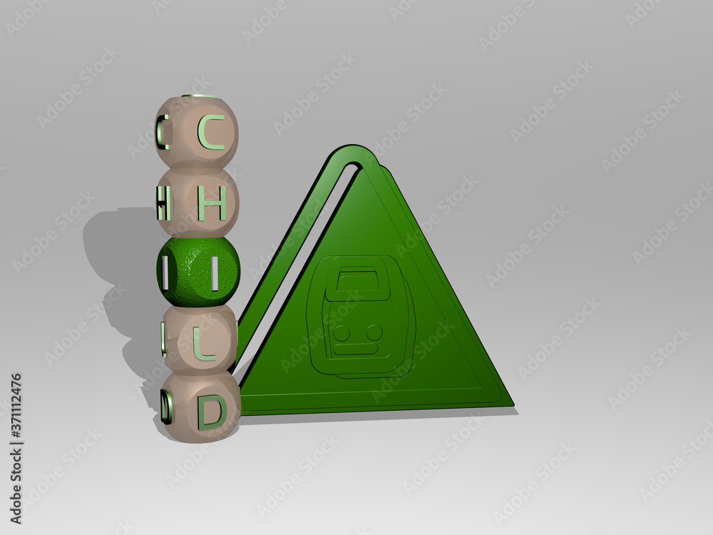 Poster 3d graphical image of child vertically along with text built around the icon by metallic cubic lette
