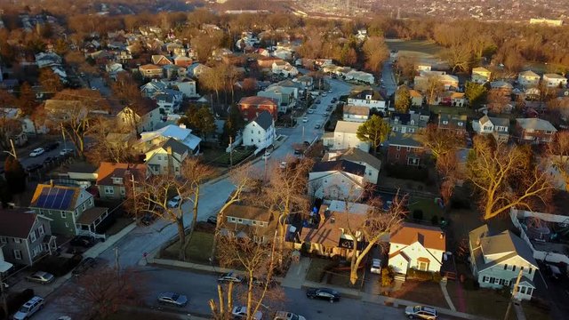 Aerial View of a Suburban Neighborhood During Sunset