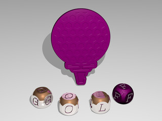 golf round text of cubic letters around 3D icon - 3D illustration for ball and club