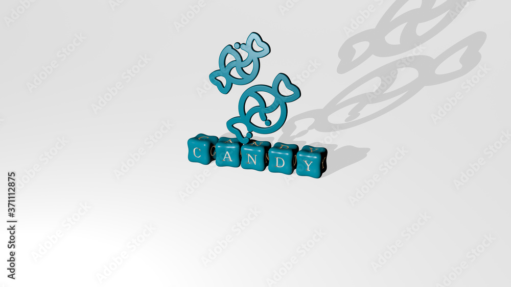 Aufkleber candy 3d icon object on text of cubic letters - 3d illustration for background and chocolate
