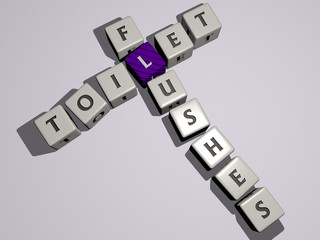 TOILET FLUSHES crossword by cubic dice letters - 3D illustration for bathroom and background