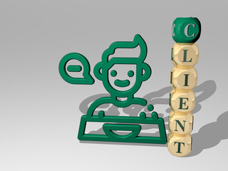 CLIENT 3D icon beside the vertical text of individual letters - 3D illustration for business and customer