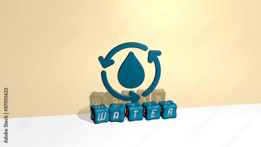 Poster 3d graphical image of water vertically along with text built by metallic cubic letters from the top 