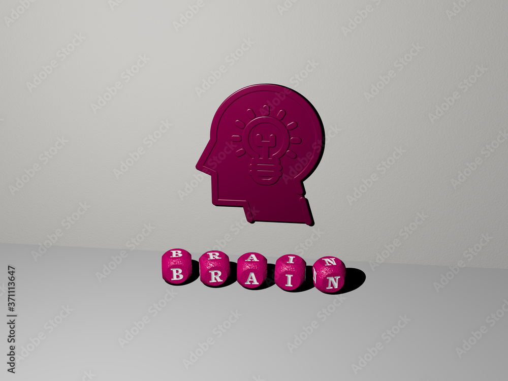 Poster brain 3d icon on the wall and text of cubic alphabets on the floor - 3d illustration for concept and