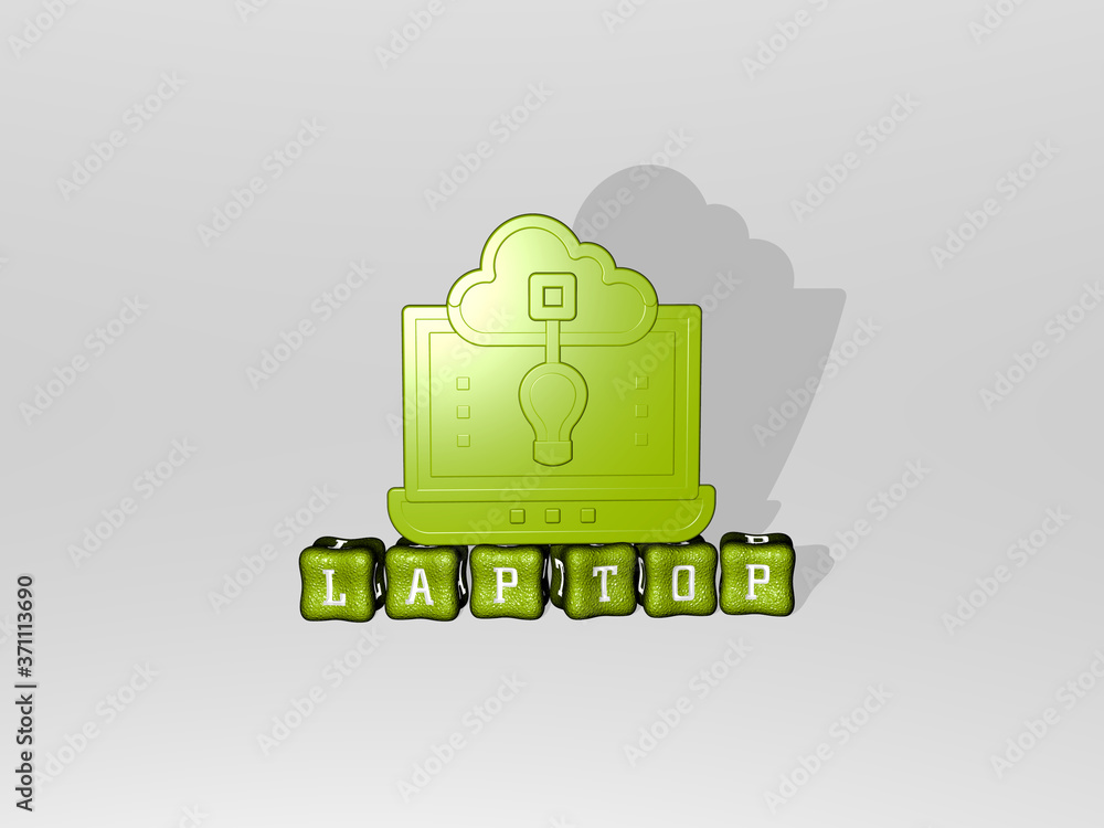 Poster laptop 3d icon on cubic text - 3d illustration for computer and business