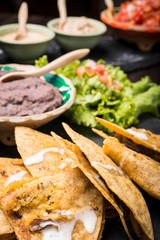 Enchiladas with mexican dips in background