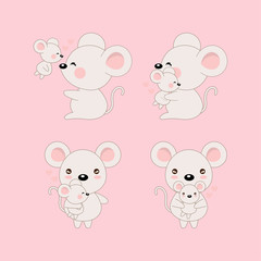 Set of mouse and baby with heart. Cartoon style.