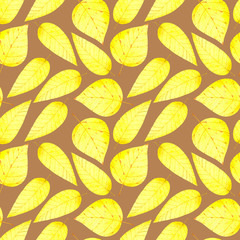 Beautiful watercolor fall seamless pattern with autumn yellow birch leaves for your design projects (fabrics,wrapping paper,wallpaper,textiles,bedclothes,packaging).On brown background.Handdrawn.