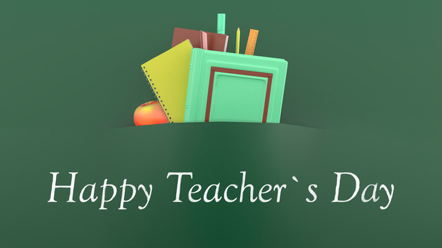 Happy teacher's day greeting in the form of a bouquet of school supplies on the background of a blackboard. Creative concept banner. 3D Render