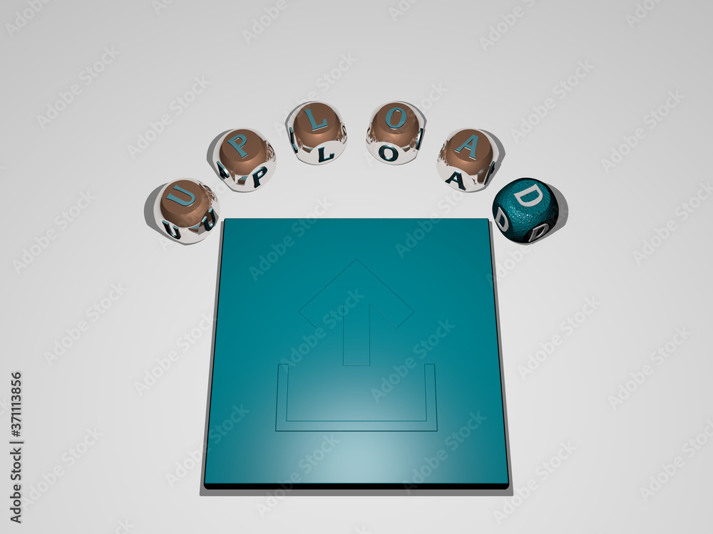 Poster upload circular text of separate letters around the 3d icon - 3d illustration for download and arrow