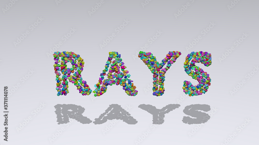 Poster rays: 3d illustration of the text made of small objects over a white background with shadows for abs