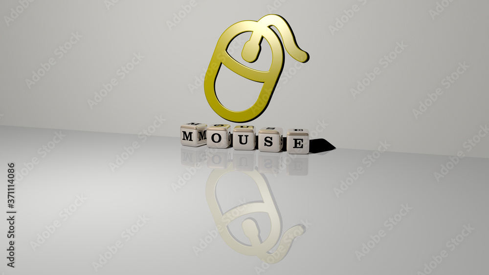 Poster mouse text of cubic dice letters on the floor and 3d icon on the wall - 3d illustration for backgrou