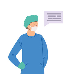 man doctor with mask uniform and communication bubble vector design
