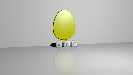 EGG text of cubic dice letters on the floor and 3D icon on the wall - 3D illustration for background and easter