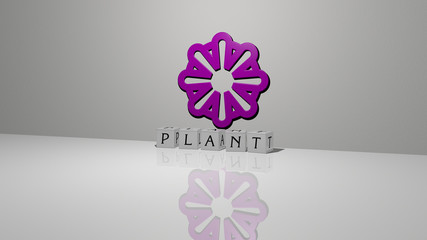 PLANT text of cubic dice letters on the floor and 3D icon on the wall - 3D illustration for background and green